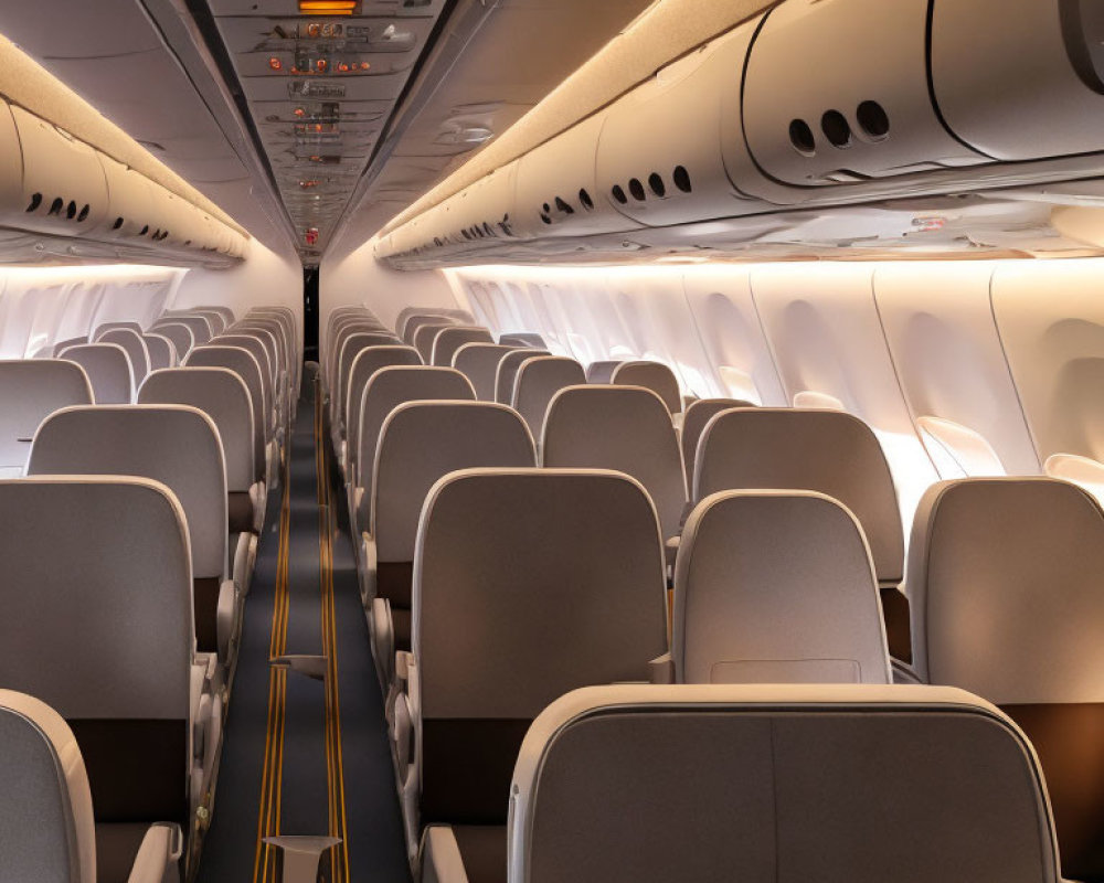 Empty airplane interior with rows of seats, overhead compartments, and aisle