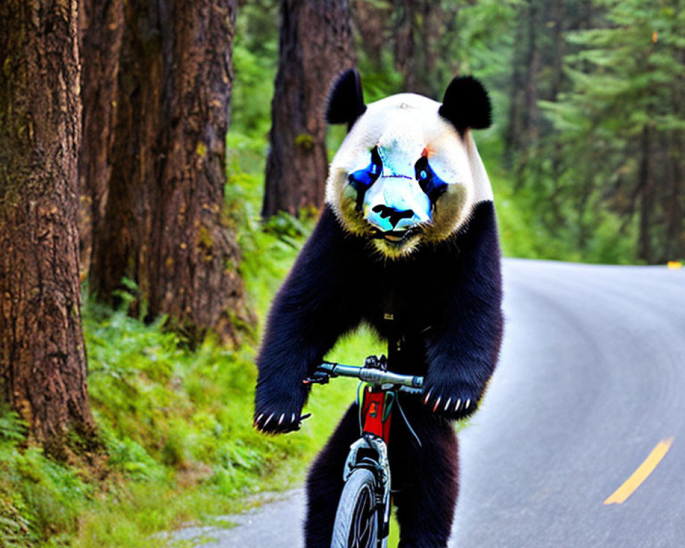 Panda Bear Riding Red Bicycle Through Forest Road