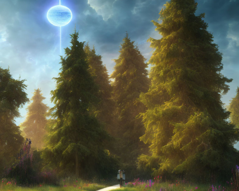 Couple walking on forest path under sun rays with futuristic blue light disc in sky