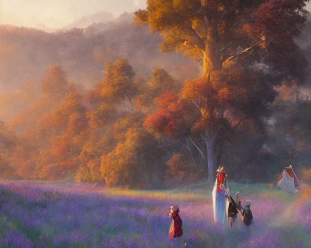 Tranquil sunset landscape with tall tree, vintage-clad figures in lavender field, and tent