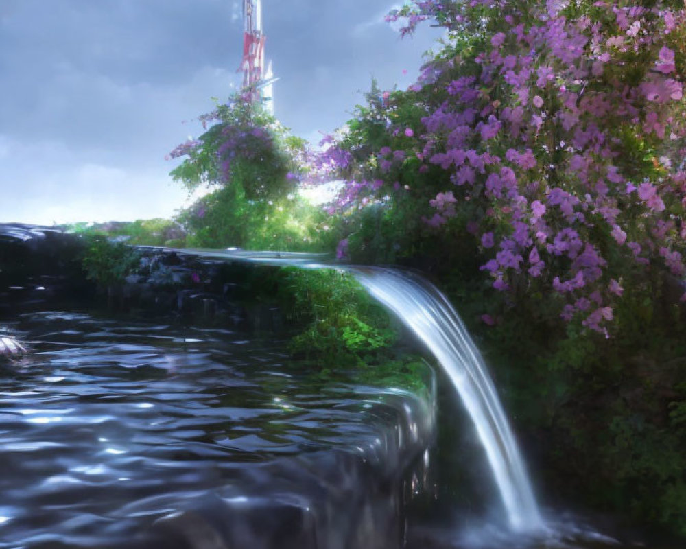 Verdant cliff waterfall with purple flowers and white tower in enchanted landscape