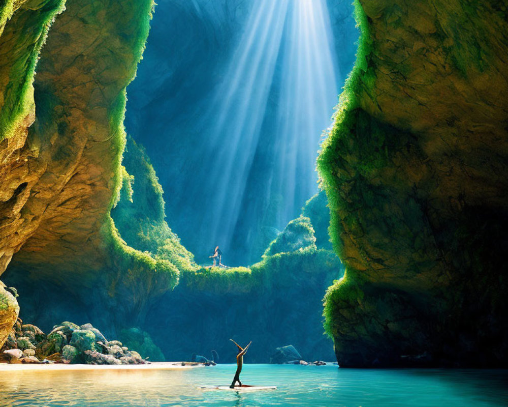 Sunlit cave with lush greenery, turquoise pool, and two figures