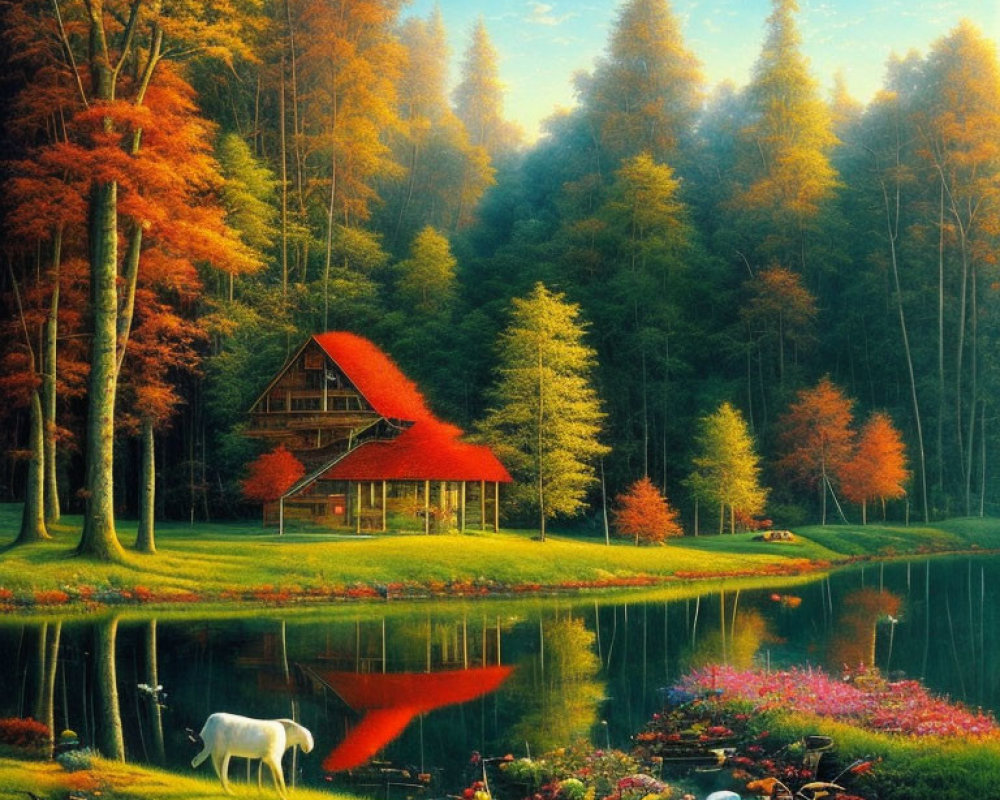 Autumn lake scene with cabin, horse, and vibrant trees