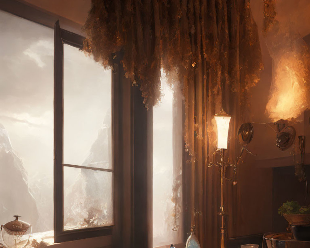 Cozy room with snowy mountain view, lamp, bottles, dried plants