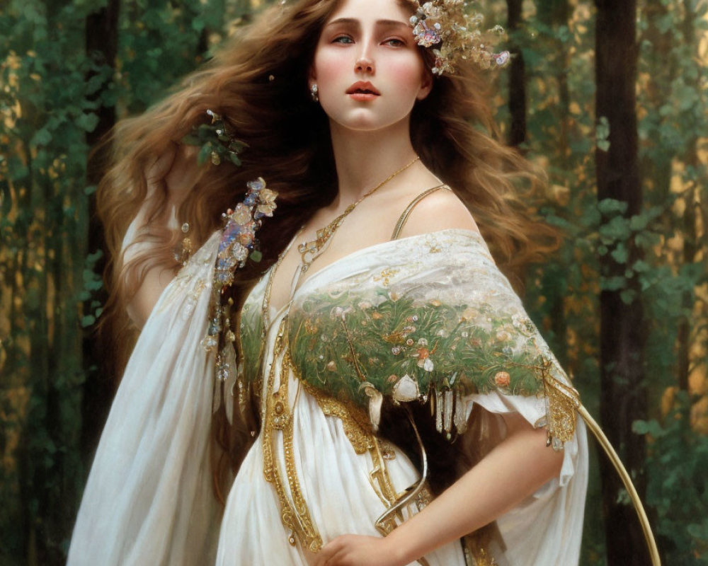 Woman with Long Flowing Hair in Floral Gown Against Wooded Background