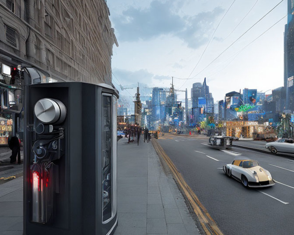 Futuristic city street with modern tram, pedestrians, and high-tech bin under blue sky