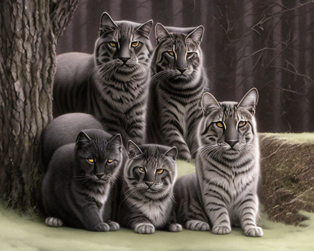 Five Grey Tabby Cats with Striking Yellow Eyes in Forest Setting