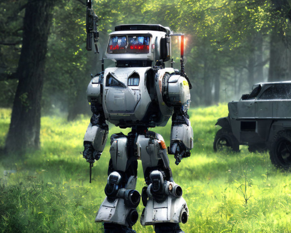 Bipedal robot with weaponry in misty forest clearing