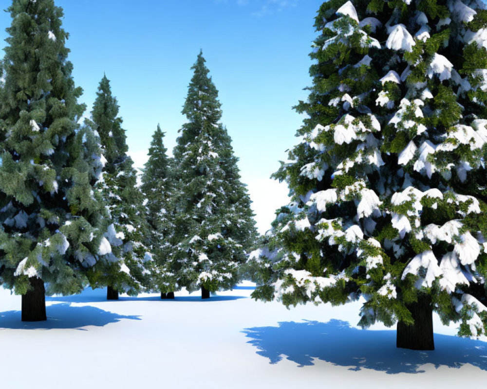 Snowy landscape with tall evergreen trees under clear blue sky