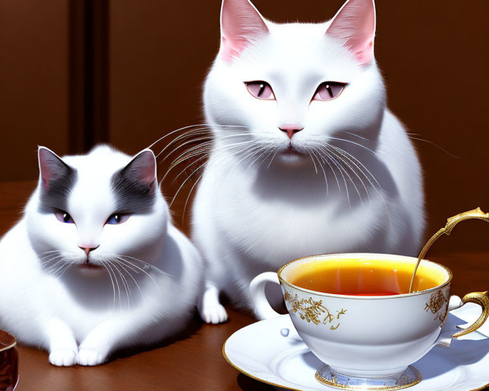 Two White Cats with Unique Black Markings Beside Teacup on Wooden Surface