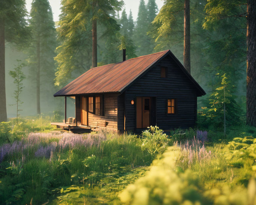 Rustic wooden cabin in sunlit forest clearing