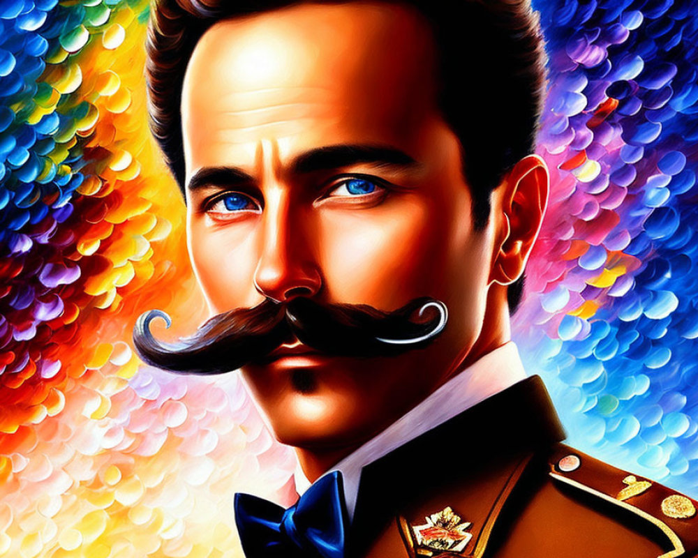 Colorful portrait of a man with a mustache in military uniform on vibrant backdrop