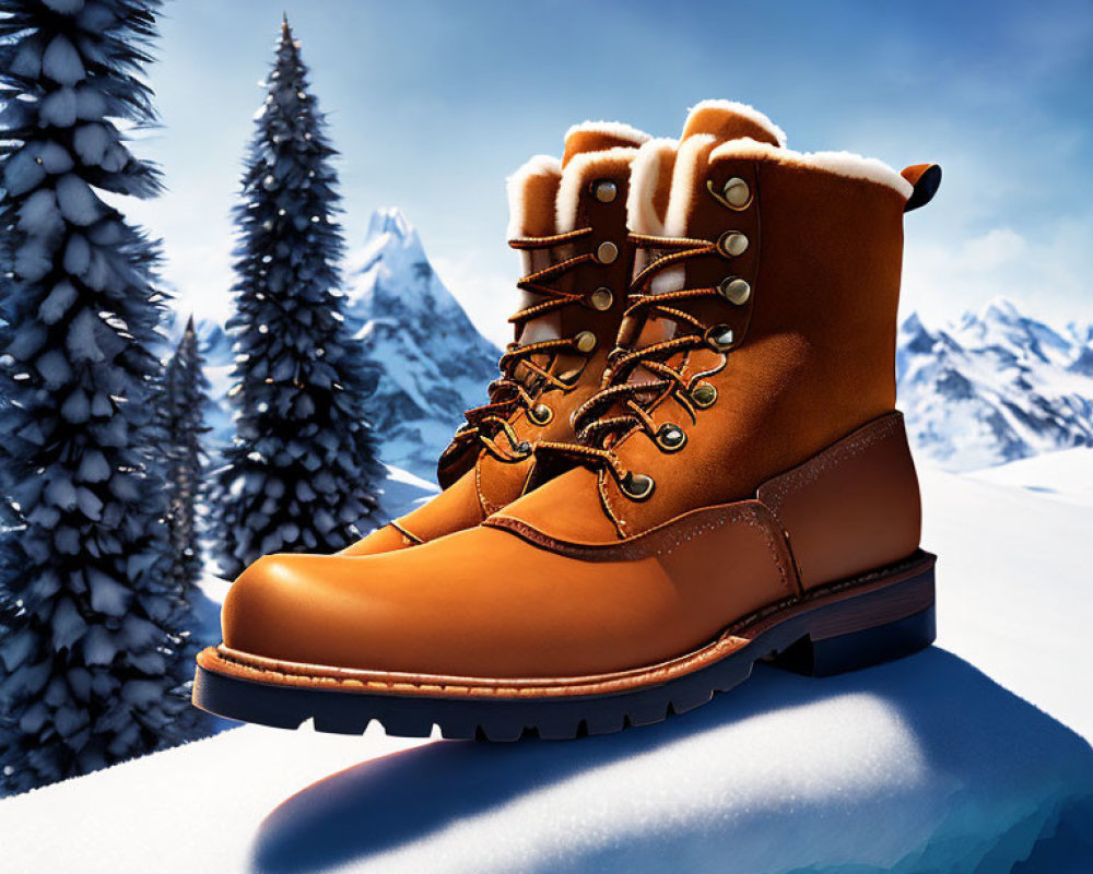 Brown Winter Boots with Fur Lining on Snowy Ground and Mountains