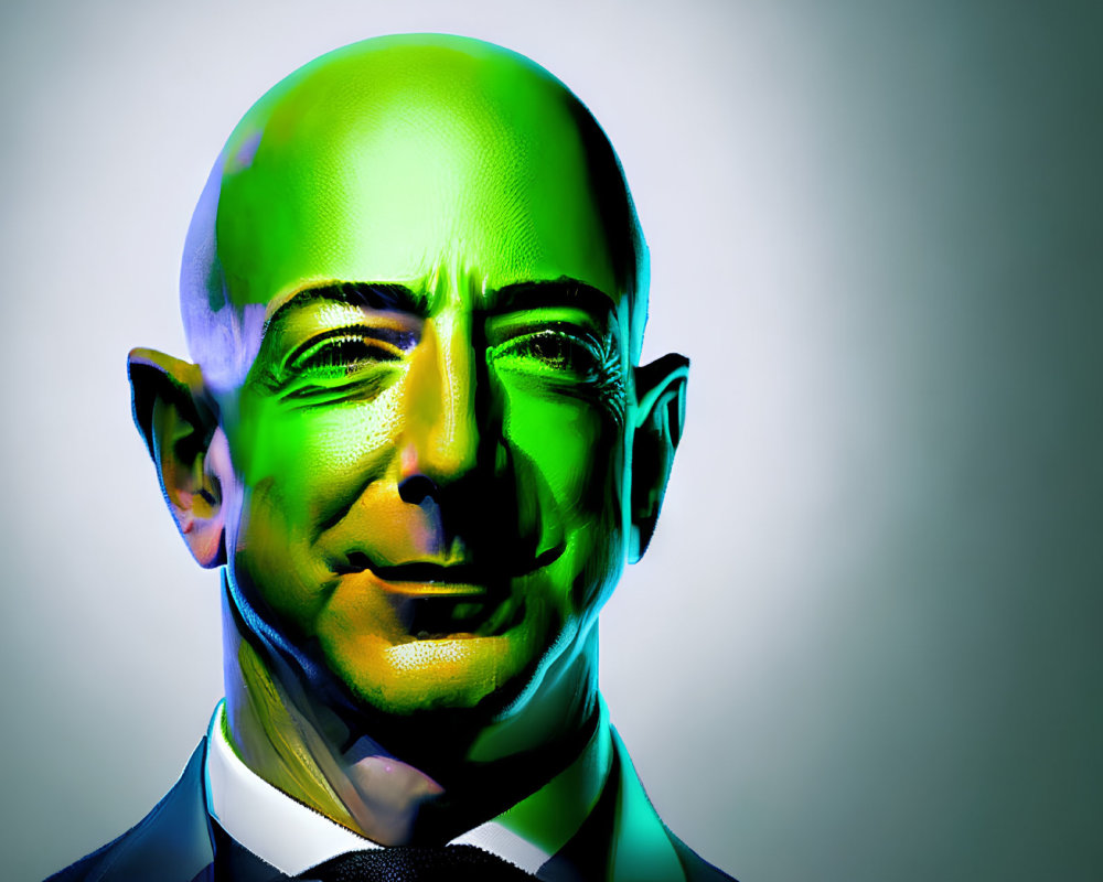 Colorful Stylized Portrait of Bald Man in Suit with High-Contrast Lighting