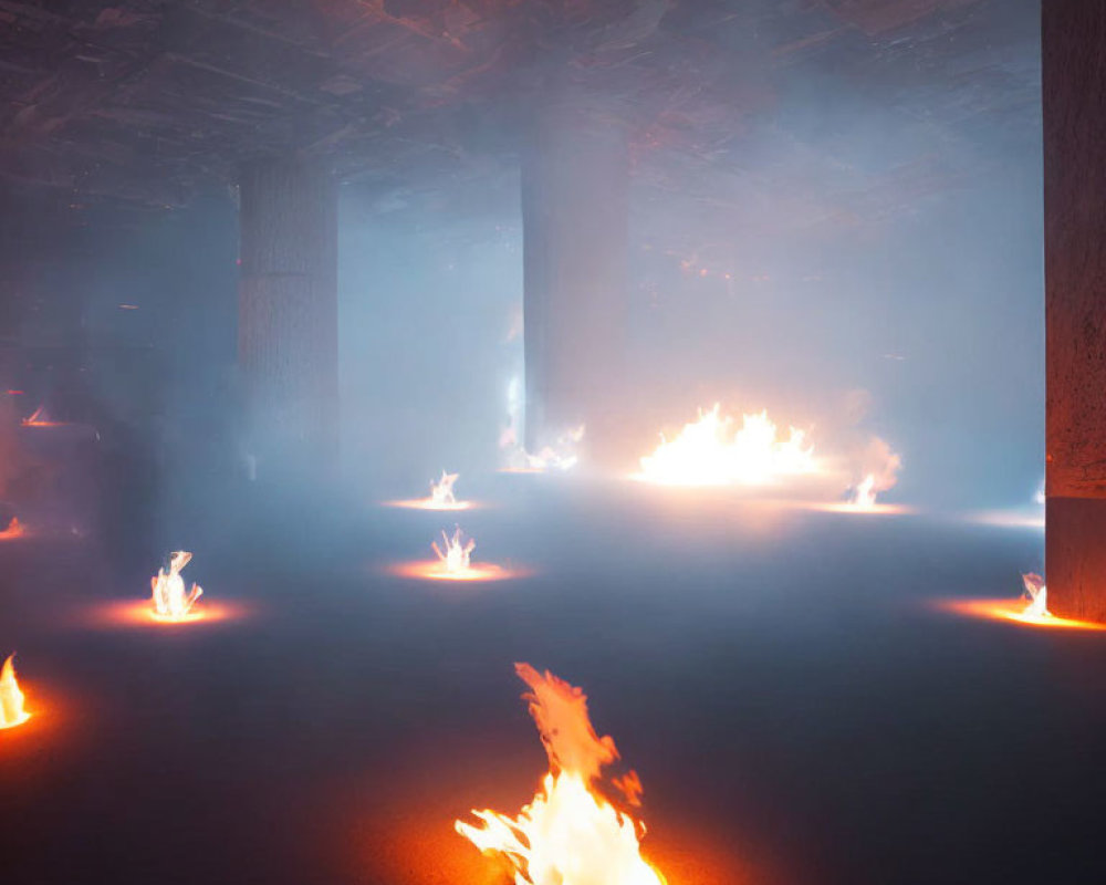 Dimly Lit Room with Fog and Small Fires: Mysterious and Eerie Ambiance