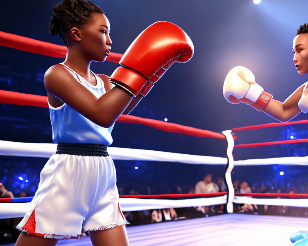 Animated female boxers in red and blue gloves face off in a boxing ring with an audience.