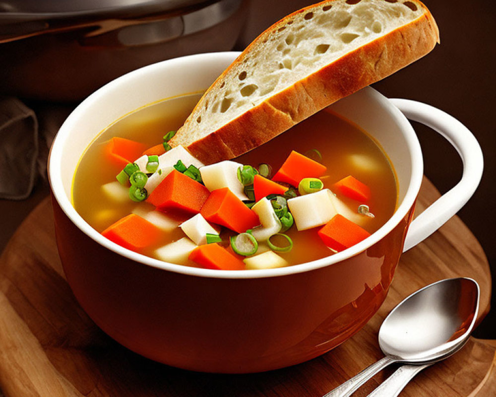 Vegetable soup with carrots, peas, potatoes, and bread on wooden surface