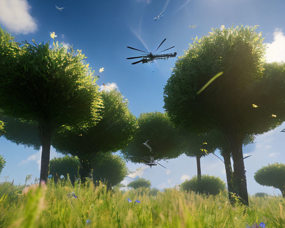 Tranquil green meadow with tall trees, dragonflies, and sunlit flowers