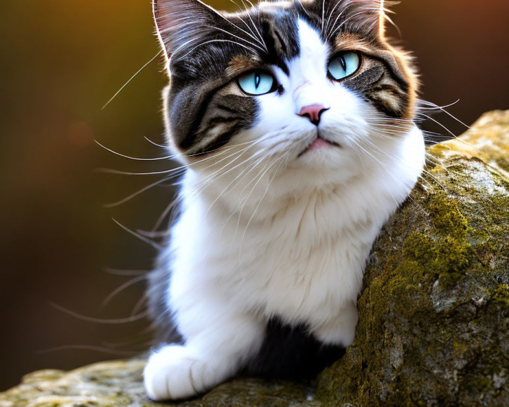 Fluffy tabby cat with blue eyes sitting on a rock in warmly lit setting