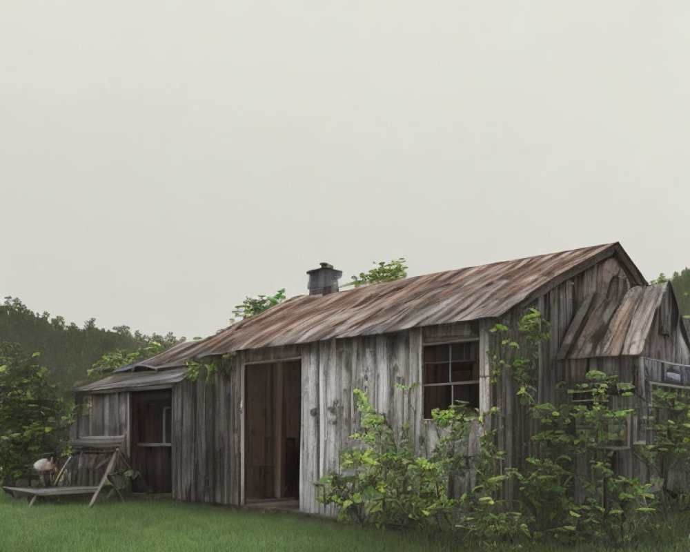 Rustic wooden cabin with tin roof in green landscape under cloudy sky