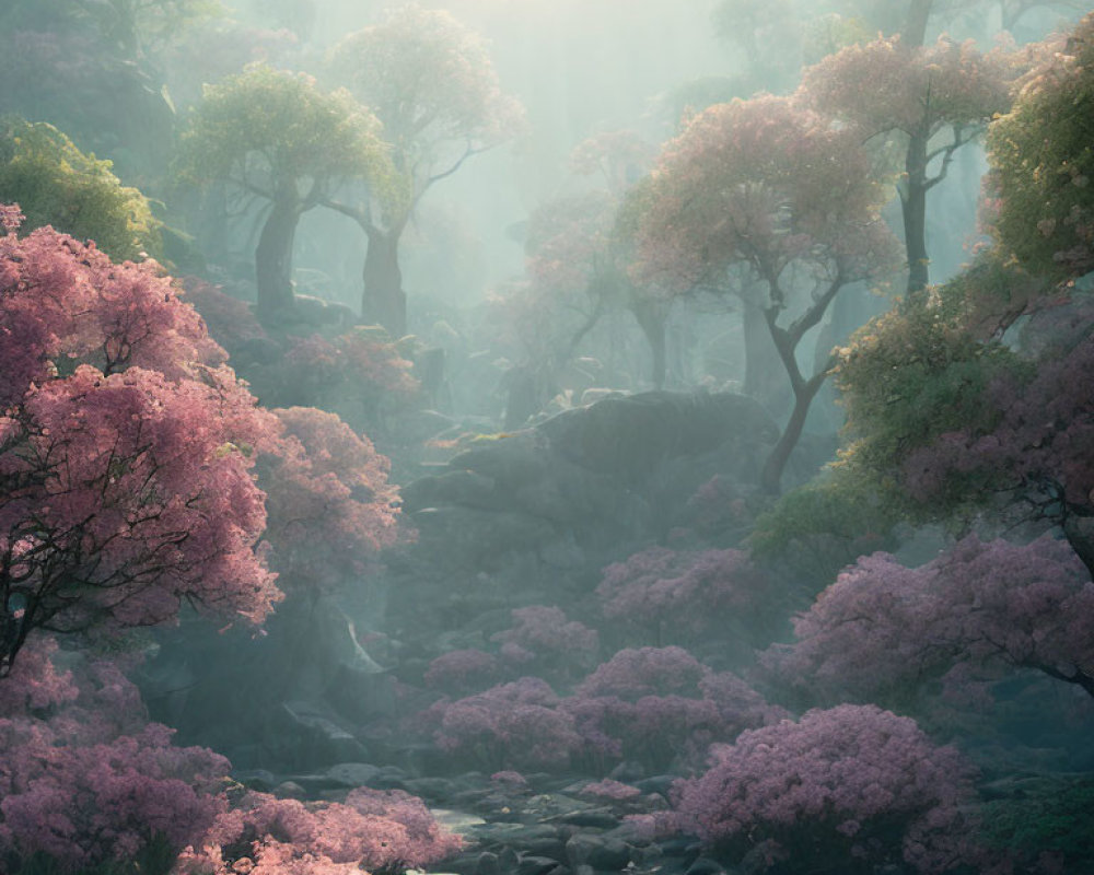 Serene forest with pink flowering trees and misty light by gentle stream