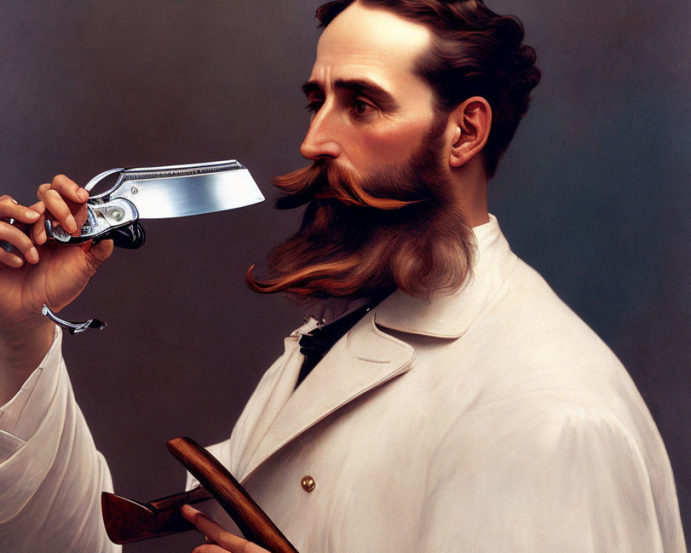 Man with Prominent Mustache and Revolver Holding Book on Grey Background