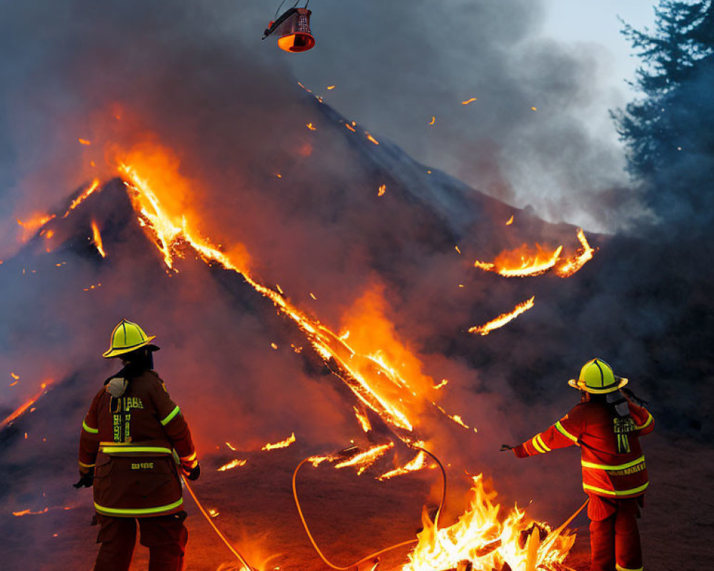 Reflective Gear Firefighters Combat Large Fire with Helicopter Assistance