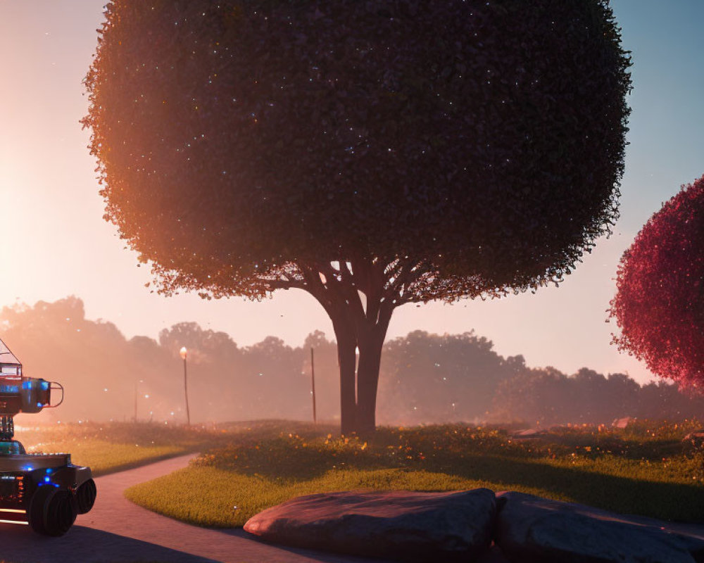 Tranquil park scene at sunset with trimmed tree, rocks, and robotic lawnmower