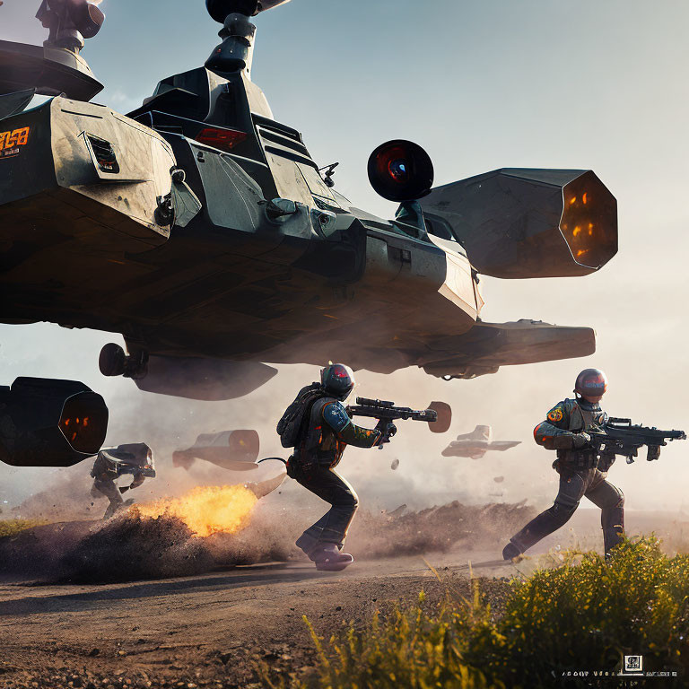 Futuristic soldiers in combat gear under hovering gunship on sunlit battlefield