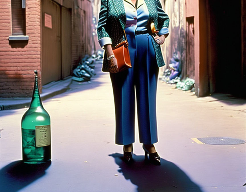 Person standing in narrow alleyway with green bottle in foreground