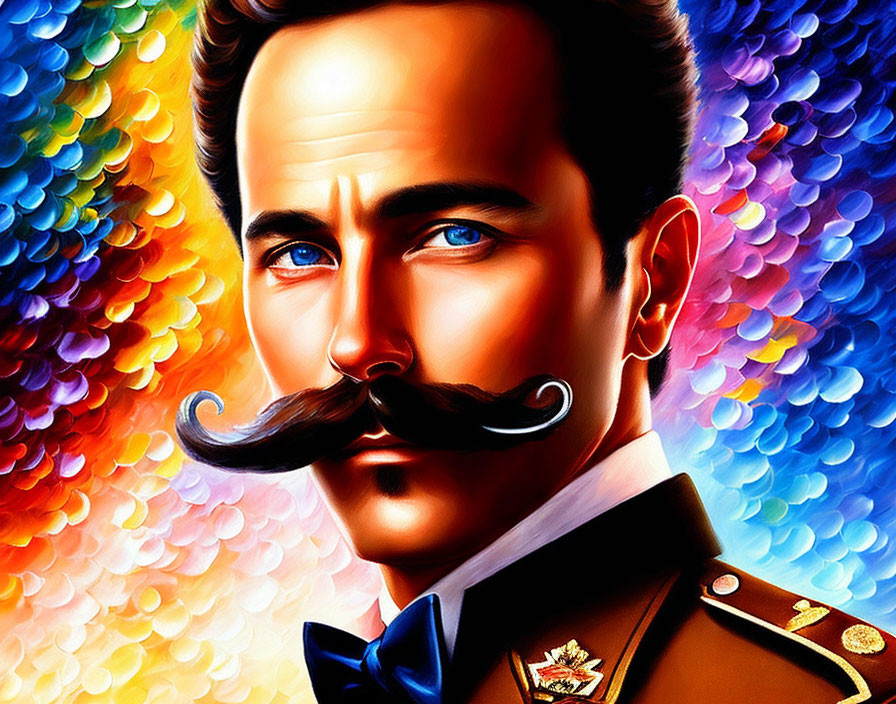 Colorful portrait of a man with a mustache in military uniform on vibrant backdrop