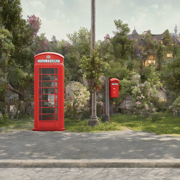 Traditional Red British Phone Booth and Post Box on Peaceful Tree-Lined Street