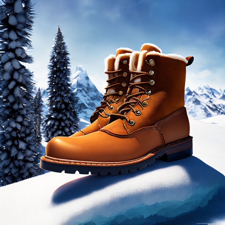 Brown Winter Boots with Fur Lining on Snowy Ground and Mountains