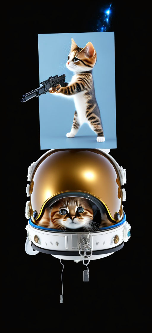 Composite Image: Cat Astronaut with Helmet and Gun-Wielding Cat with Hat on Black Background