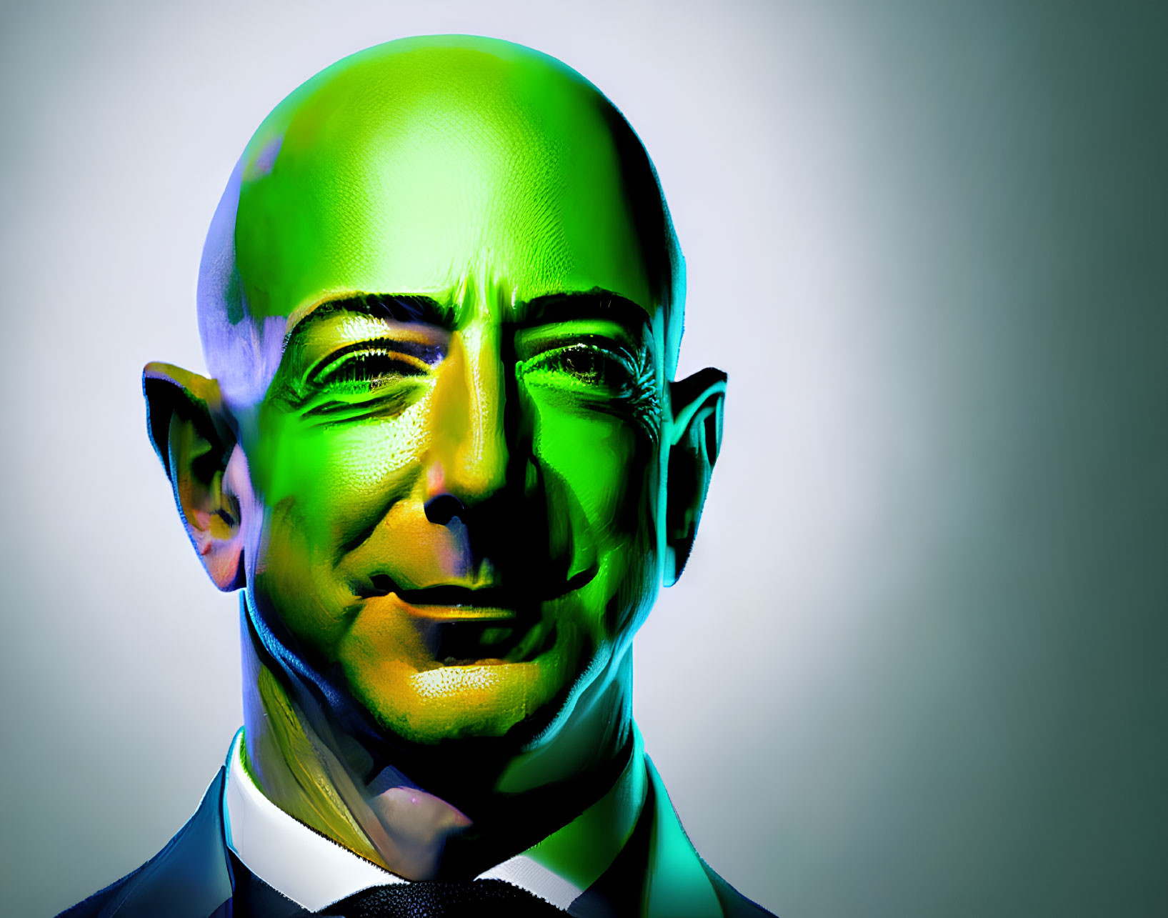 Colorful Stylized Portrait of Bald Man in Suit with High-Contrast Lighting