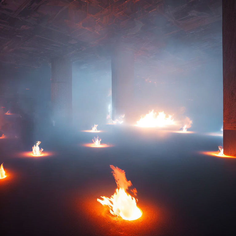 Dimly Lit Room with Fog and Small Fires: Mysterious and Eerie Ambiance