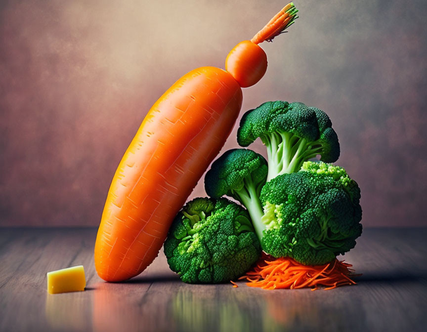 Whimsical still life with oversized carrot, broccoli trees, grated carrots, and cheese dice