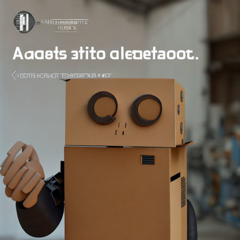 Cardboard robot with expressive eyes in workshop setting.