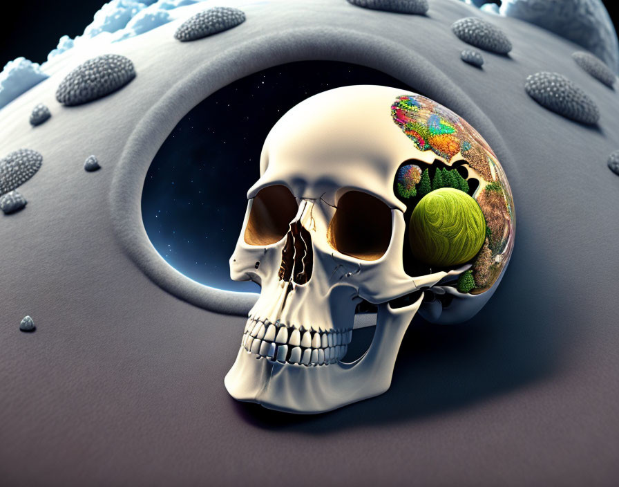 Skull with Terrarium Ecosystem on Lunar Surface