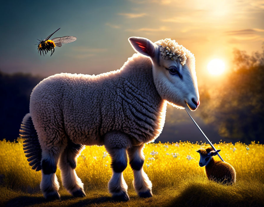 Illustration of lamb, hedgehog, and bee under golden sunset