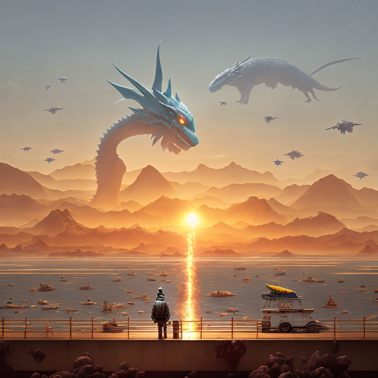 Dragons flying over serene sea at sunset with person on pier