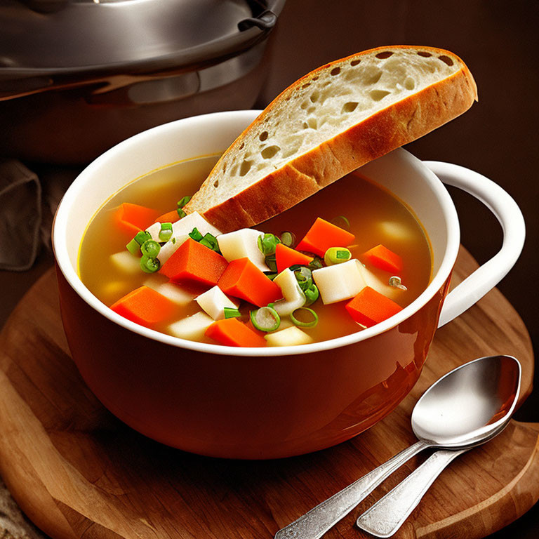 Vegetable soup with carrots, peas, potatoes, and bread on wooden surface