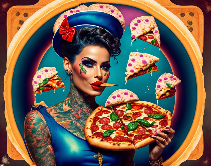 Illustration of tattooed woman with retro makeup holding pepperoni pizza surrounded by floating slices on decorative backdrop