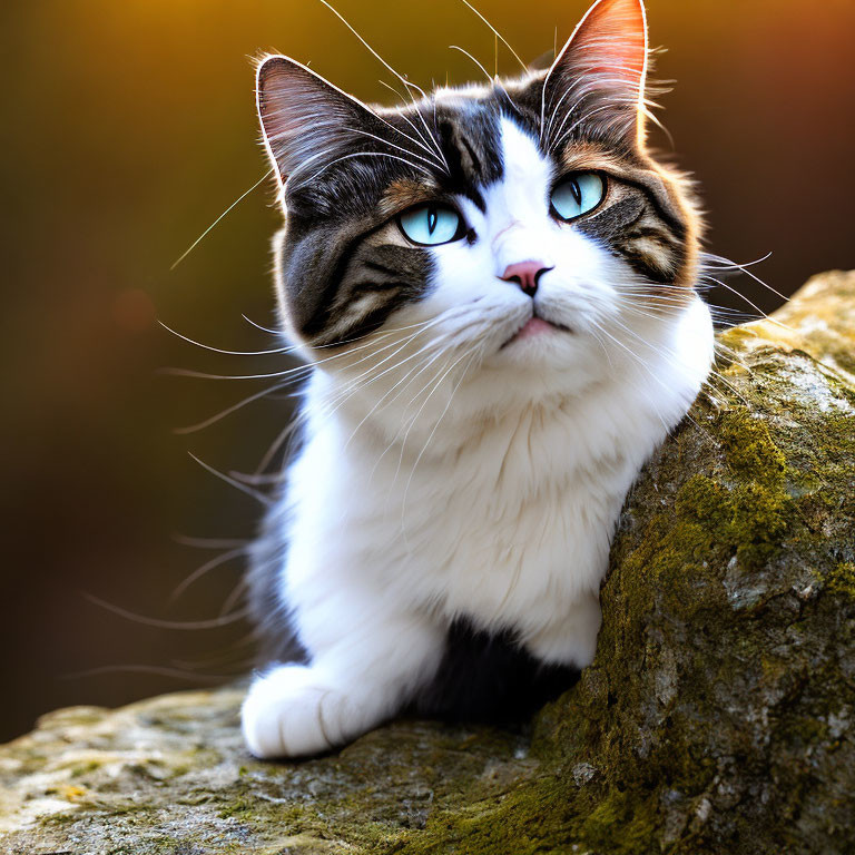 Fluffy tabby cat with blue eyes sitting on a rock in warmly lit setting