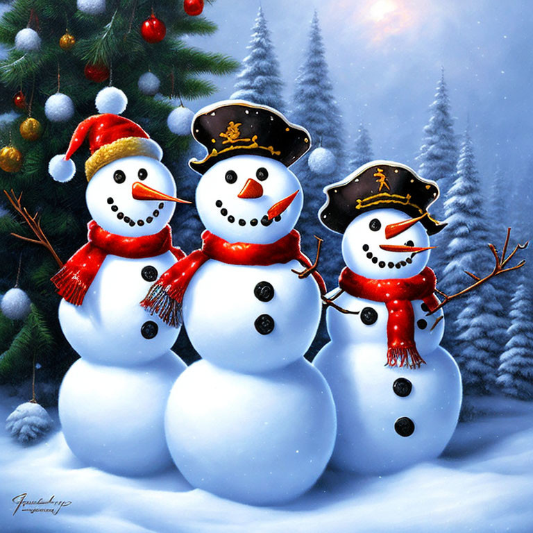 Cheerful snowmen with hats and scarves in snowy winter scene