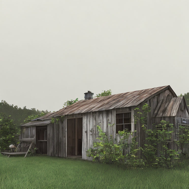 Rustic wooden cabin with tin roof in green landscape under cloudy sky