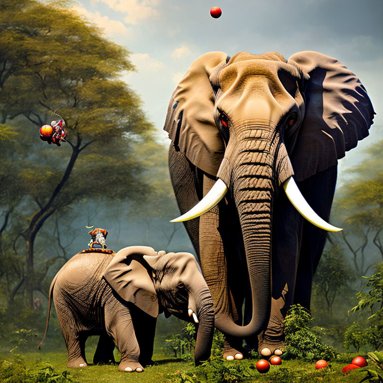 Two elephants, small person riding, tomatoes, and flying tiny person with jetpack.