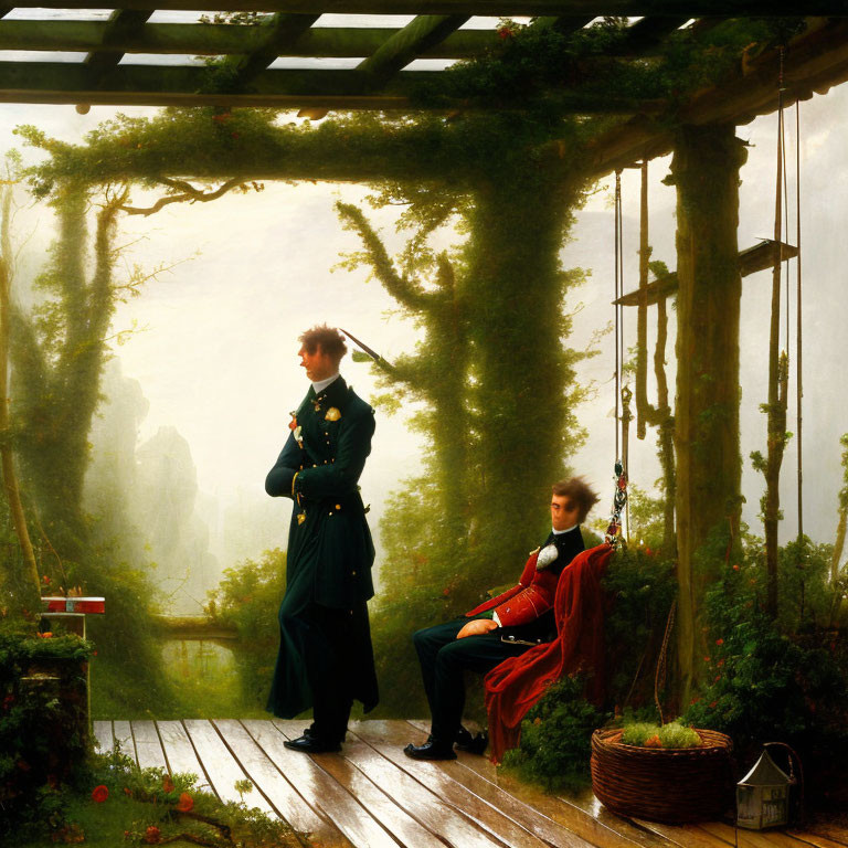 Historical military attire figures on vine-covered pergola in misty landscape