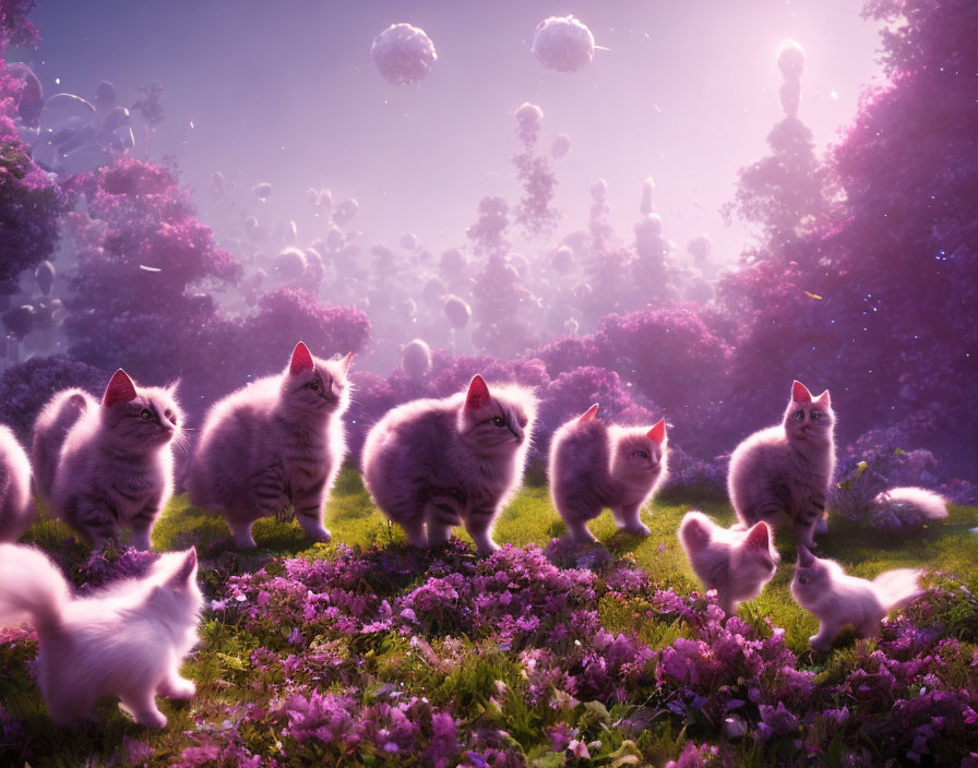 Adorable kittens in whimsical fantasy garden with floating islands