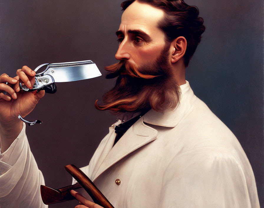 Man with Prominent Mustache and Revolver Holding Book on Grey Background